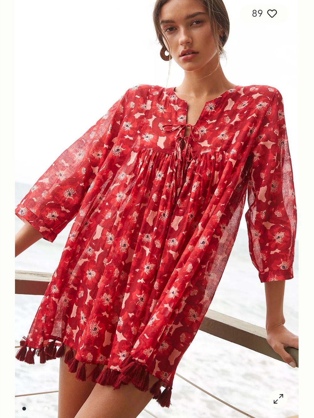 NWT Ro's Garden Women's Seychelles Tunic Dress Tassel Red Floral Resortwear